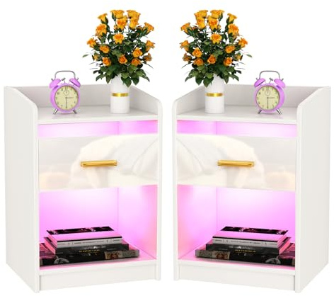 PIPIPOXER Nachttisch 2er Set Nachttisch LED, Weiß Hochglanz Nachtschrank LED-Beleuchtung 16 Farbe, Sofatisch 1 Schubladen, Modern, Beistelltisch für Schlafzimmer, Wohnzimmer, 40x35x58cm