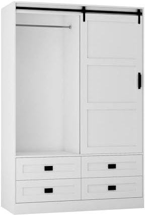 GOSROMS Armoire Wardrobe Closet with Sliding barn Door，Wardrobe Cabinet with 4 Storage Drawers and Hanging Rail,Freestanding Wooden Closet for Bedroom (White)