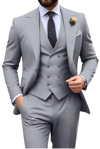 Traje para hombre, set de 3 piezas, corte entallado, doble botonadura, formal, esmoquin, informal, bodas, bailes de fin de curso, trajes de novio, Gris, X-Large