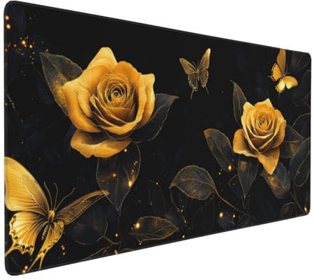 Gaming Mauspad XXL gelb schwarz Mousepad 1000x500x4mm Rosenschmetterling Verlängertes Mauspad Schreibtischauflage,Genähte Kanten,Verbessert Präzision Geschwindigkeit Wasserdicht Geeignet Büro Decor
