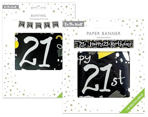 On The Wall - Set di striscioni e bandierine per il 21° compleanno, 2,6 m, in carta riciclata, con filo da 4 metri e 10 bandiere, pronte da appendere, decorazioni per soffitti, pareti e tavoli