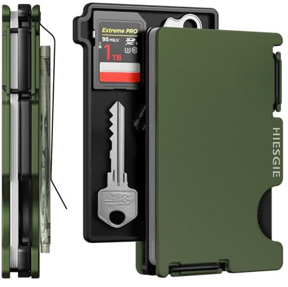 HIESGIE Brieftasche für Männer mit innerem Schlüssel Münze Tray, Minimalistischer Kartenhalter mit Geld Clip, schlanke Metall Fronttasche Brieftasche, RFID-Blockierung, Army Green, PMLCO-04