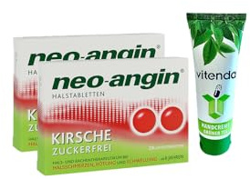 neo-angin® Halstabletten Kirsche – Lutschtabletten gegen Halsschmerzen 2x24 Stück inclusive einer Handcreme von vitenda - zuckerfrei, mit antiseptischer Wirkung und kühlendem Effekt
