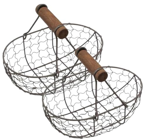 Chicken Egg Basket, Egg Basket for Gathering Fresh Eggs 2Pcs 7x5x5 Iron Wire Chicken with Wooden Handle for Bread, Fruits, Vegetables