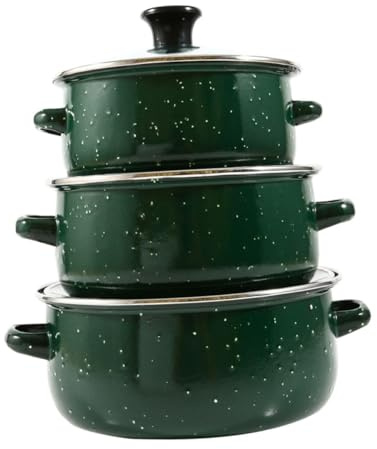 GLEAVI 3pcs Enamel Soup Pot Set Lid, Mini Green Induction Stockpot and Stew Pot, Thickened Retro Enamel Cookware for Cooking Ramen, Pasta, and Stews