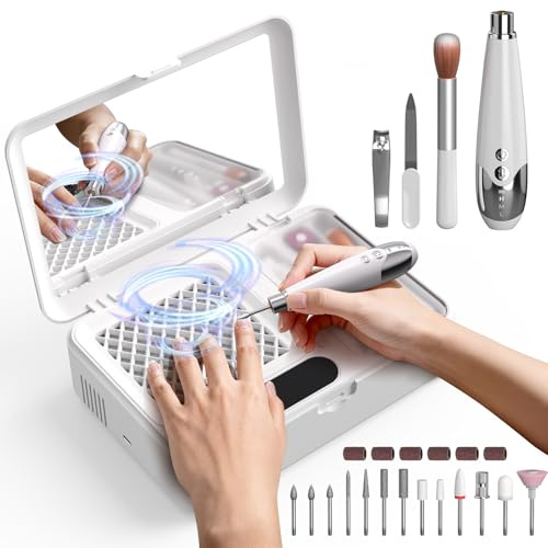 Coobest Electric Nail Drill Machine with Dust Collector,17in1 Nail File Kit, 4-Speed Professional Nail Art Tools, 10000RPM Cordless Manicure Set, Rechargeable Feet Tech Supplies for Home Salon - White