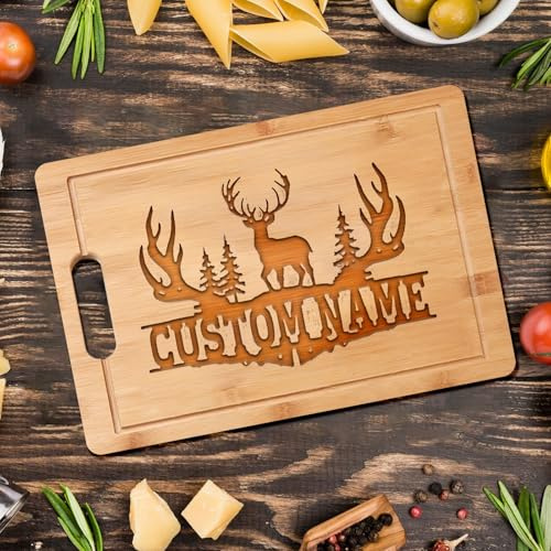 Planche à découper personnalisée avec nom – Bloc de charcuterie de cerf personnalisé, décoration de cuisine gravée, cadeau pour la famille et les amis