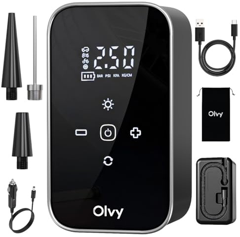 Olvy Tragbarer Luftkompressor - 12V Kabelloser Reifenfüller - 6000 mAh Wiederaufladbare Batterie - Digitalanzeige - Automatische Abschaltung - LED-Licht - Für Auto, Fahrrad, Motorrad, Ball und Luftmat