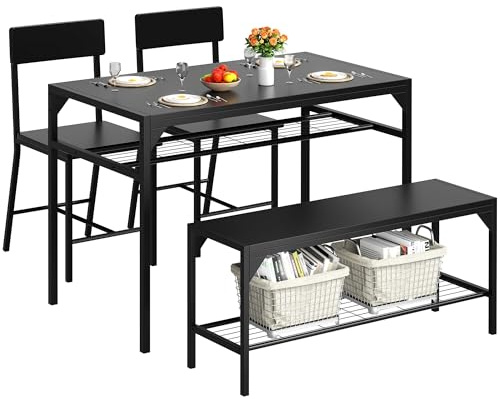 Shintenchi Kitchen Table Chairs Set of 4, Dining Table Set for 4 with Bench and Chairs, 4 Pieces Kitchen Table Set with Storage Rack & Metal Frame for Small Space, Solid Black