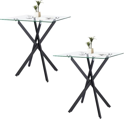 IMHKAM Side Tables 2 Set Square Glass Coffee Table Modern Living Room Table With Black Metal Frame for Living Room, Bedroom, Sofa, Black, 40x40x45cm