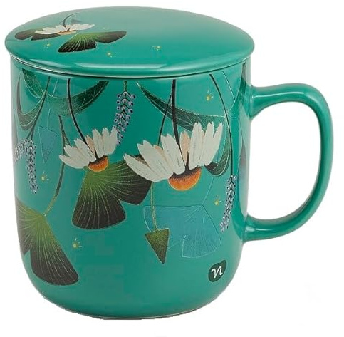 Tazza Infusore per Tisane con Coperchio, Ceramica e Acciaio, Verde con Decorazione Floreale, 450 ml