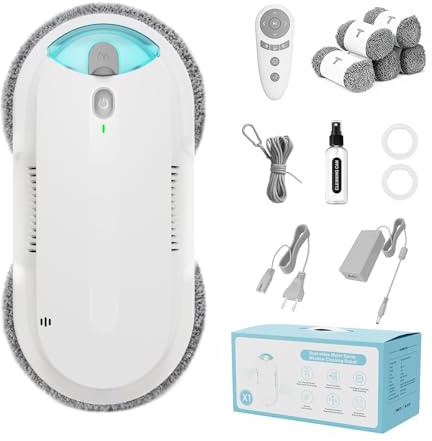 HIXZAP Fensterputzroboter mit Bidirektionaler Ultraschall-Wasserstrahl, Extern und Intern 85 ml Tank, Starker Saugkraft, Kantenerkennung, Gründliche Reinigung, Hinterlässt Keine Spuren (Weiß2)