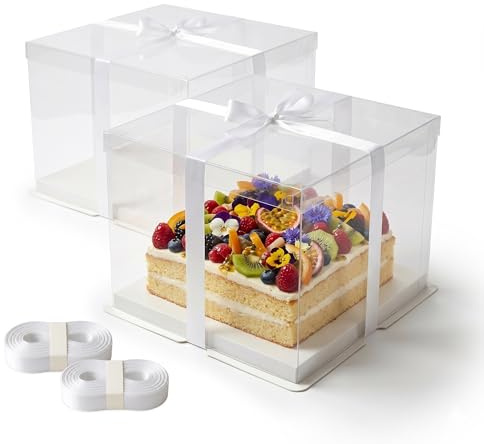 Relaxdays Tortenbox 2er Set, Deckel, Band & Sockel, HBT: 20x30x30 cm, Kuchenbox Hochzeit & Geschenk, transparent/weiß