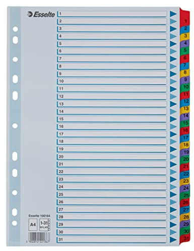 Esselte Register für A4, Deckblatt und 31 Trennblätter, Taben mit Zahlenaufdruck 1-31, Lochrand und Taben folienverstärkt (Mylar), Blau, Karton, 100164