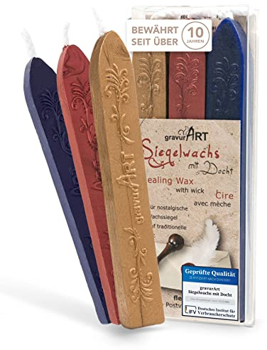 gravurART Siegelwachs - Briefe, Einladungen und Geschenke versiegeln und aufpeppen mit Stempelwachs für Siegelstempel - 3 Stangen Wachs mit Docht, Mix Gold- Rot-met. -Dunkelblau