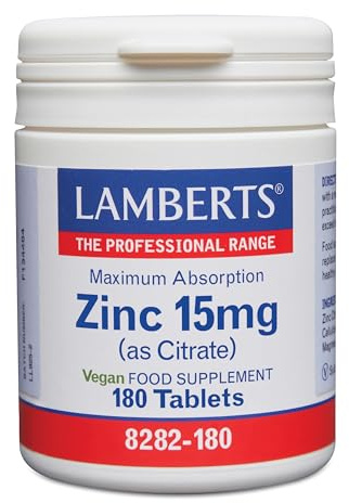 Lamberts Zinc 15 mg como Citrato | 180 Tabletas | Una al Día | Máxima Absorción | Sin Gluten | Sin OGM | Calidad Farmacéutica GMP