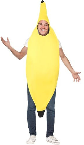 Smiffys Adult Unisex Banana Costume, Yellow Novelty Fruit Outfit with One-Piece Tabard, Funny Fancy Dress for Men and Women, Comedy Party Jumpsuit, World Book Day or Stag Do Costume Halloween