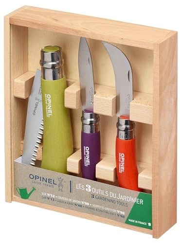 Opinel - Kit de Jardinage - 3 Outils de Poche, 1 Couteau de Jardin, 1 Serpette-Greffoir N°08 et 1 Scie Fermante N°12 - Lame Acier Inox, Manche Bois de Hêtre