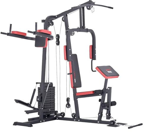 TrainHard® Kraftstation Multistation Fitnessstation Home Gym 65 kg Gewichten inkl. Dipstation Beinhebe, erweiterbar mit Sit Up Bank, Stepper, Push Up Bar, Boxsack mit Halterung, Speedball Plattform.