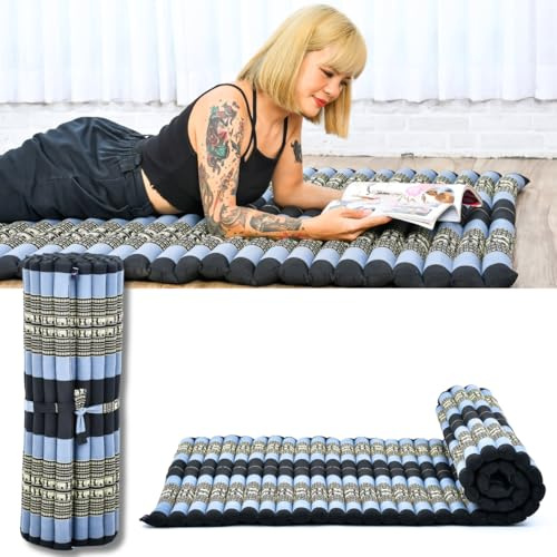Leewadee - Foldable Floor Mattress - Japanese Roll Up Futon -Trifold Tatami Mat- Guest Floor Bed - Camping Mattress - Thai Massage Mat, Kapok Filled, 75 x 39 inches, Blue