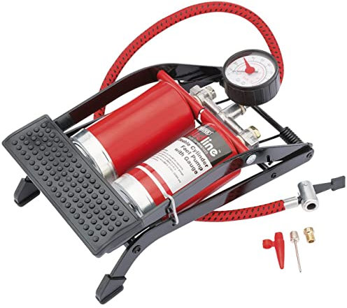 Draper Redline® Double-Cylinder Foot Pump | Pressure Gauge & Accessories | Portable Double Barrel Bike & Car Pump | Manual Inflator for Beds & Pools | 68473