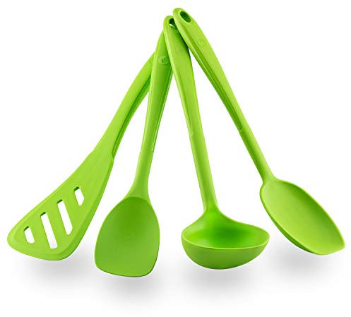 Kochblume Küchenhelfer-Set - Design-Schlitzwender L & Soßenlöffel L & Schöpfkelle L & Flexlöffel L 4er Set | Premium-Silikon | Hitzbeständig | Spülmaschinenfest | Farbe: limette