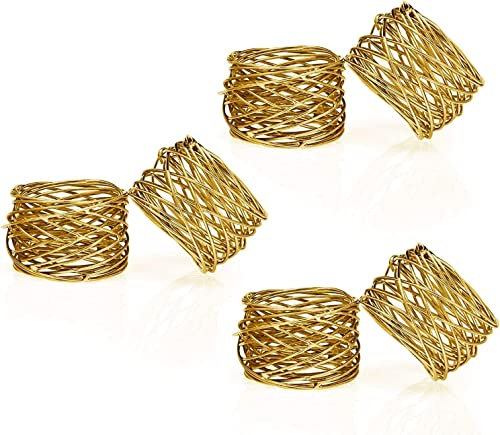 Kaizen Casa Handmade Gold Round Mesh Napkin Rings Holder for Dinning Table Parties Everyday, Set of 6 (Gold, 6)