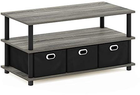Furinno FRANS Coffee Table, 3-Tier Modern Coffee Table with Shelves and Storage Bins, Easy Assembly Side Table with Open Shelf, for Living Room, Bedroom, Home Office, French Oak
