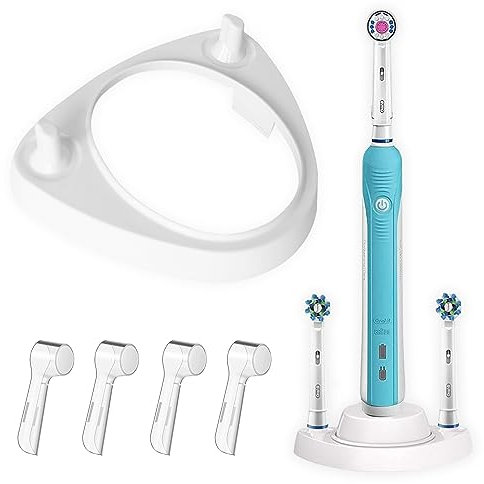 Base Soporte Porta Cepillo de Dientes Eléctrico para Oral B – Incluye 4 Fundas Protectoras de Cabezales Cepillo Dientes para Oral B - Soporte Color Blanco