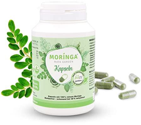 MAYA GARDEN Moringa Kapseln vegan, echtes Superfood Pulver zur Ernährung, reines Moringa Oleifera hochdosiert, enthält reichlich Protein Aminosäuren, Vitamine in Rohkostqualität, 140 Kapseln, 55 g