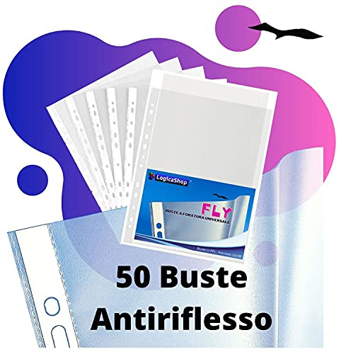 LogicaShop Fly Buste Forate Trasparenti per Raccoglitori ad Anelli A4, Cartelline Plastica (Antiriflesso, 50 Pezzi)