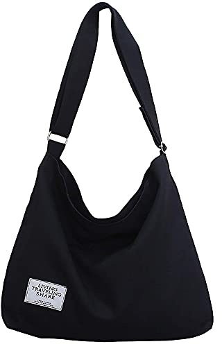 Ecohaso bolso Hobo para mujer, cruzado de lona, playa, hombro, grande de algodón, compras para viajes diarios, Black, Large