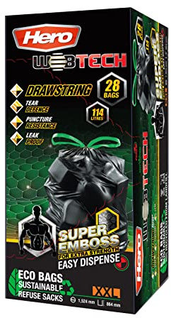 Hero Eco Webtech Super Strong Black Embossed Drawstring Bin Bags - 114L - 28 Bags - Tear Resistant, Easy Dispense, Recycled Plastic Refuse Sacks