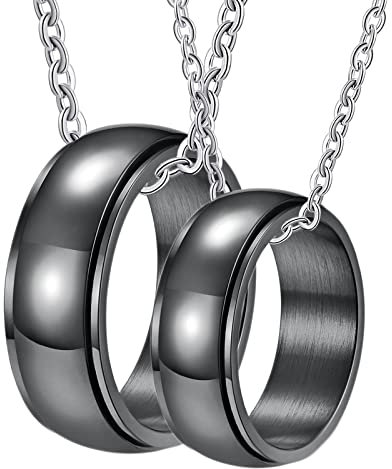 Epinki 2pcs Partner Ketten Jungs in Edelstahl, Spinner Ringe Anhänger Halskette Partner mit Gravur, Schwarz für Frauen & Männer, Breite 8mm - Herrenkette 60cm, Damenkette 50cm
