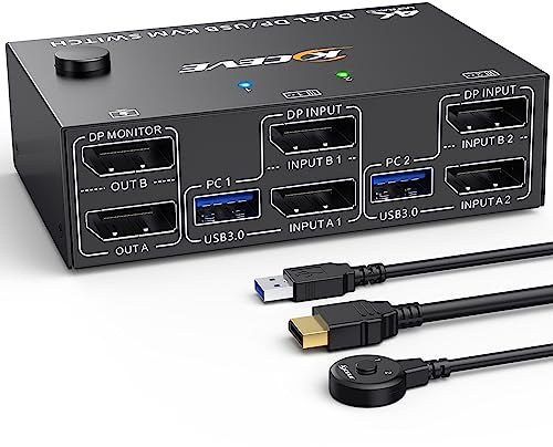 8K@30Hz 4K@144Hz KVM Switch 2 PC 2 Monitore, Displayport Dual Monitore KVM Switch mit 4 USB3.0-Geräten, DP+USB-Kabel und drahtloser Fernbedienung enthalten