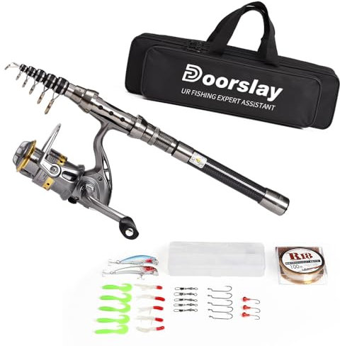Doorslay Tragbares Angelset, Teleskop Angelrute und Angelrolle Set mit 106m Angelschnur, Angelköder-Set,Angelzubehör, für Kinder, Erwachsene, Anfänger und Angelliebhaber