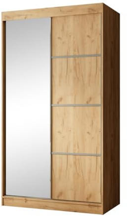 Mars Meble Schiebtürenschrank Paco 120cm Kleiderschrank inkl. 2 Schiebtüren Schrank mit Spiegel Kleiderstange, Breite: 120 cm, Farbe: Eiche Craft golden