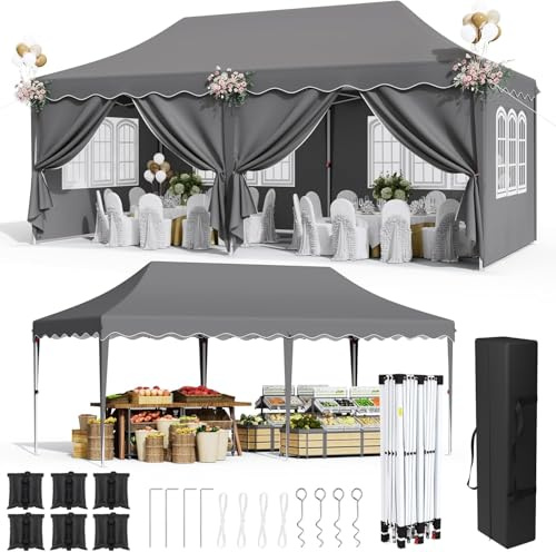 Pavillon 3x6 M, Faltpavillon3x6 Wasserdicht Stabil, mit 6 Sandsäcke 6 PCS Seitenwänden, UV Schutz 50+ Gartenpavillon mit 12 Erdhaken 6 Seile, Partyzelt für Camping Hochzeiten Markt, Grau