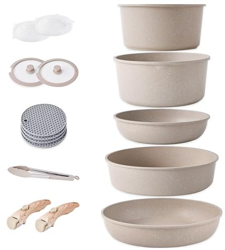 RIOVARM Induzione Set di pentole e padelle con manici staccabili, Impilabile Antiaderente In granito Set di pentole con coperchi, Salvaspazio Set di utensili da cucina Senza PFOA, Padella, Casseruole