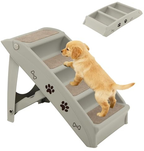 GYMAX Haustiertreppe mit 4 Stufen, klappbare Hundetreppe aus Kunststoff mit rutschfesten Fußpolstern, 4 Teppichen & dreieckiger Struktur, Kletterhilfe für Katzen & Hunde (Grau)