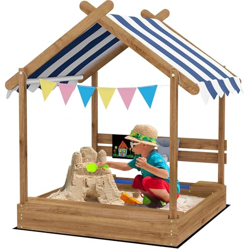Outsunny Wooden Sandbox with Canopy, Kids Sand Pit with Liner, Blackboard, Sink, Playset, Flags, House Design, Outdoor Sandbox for 3-7 Years Old, 49 x 46 x 57.5, Brown