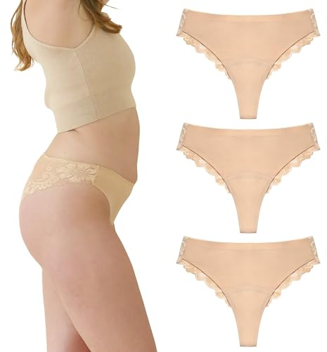 dais Periodenunterwäsche für Leichte Blutung • Brazilian mit hinten Spitze (DE/NL/SE/PL, Alphanumerisch, M, Regular, Regular, 3, Beige)
