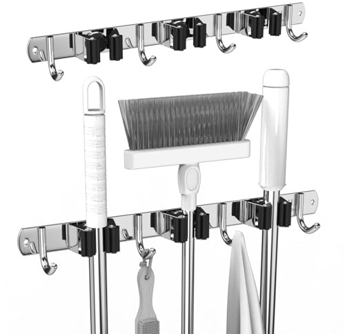 3-H Besenhalterung Wand, 2-in-1 Dual Montage (Stabile Schraubmontage oder wandschonend selbstklebend), Edelstahl Gerätehalter Wandhalterung für Badezimmer Garten Garage (3 Halter & 4 Haken, Silber)