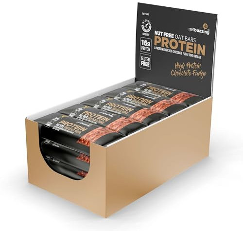 Getbuzzing High Protein Nut Free Flapjack- Chocolate Fudge 55g - Healthy Snack Bars - Gym, Running, Cycling - Pure Protein Made in The UK - Pack of 12 Bars