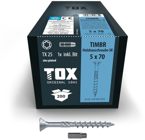 TOX Holzbauschrauben TIMBR SK 5,0 x 70 mm, 200 Stk. | Blau verzinkt, Senkkopf TX25, leichtes Eindrehen und bündige Montage im Holzbau, inkl. Bit, 112040415070