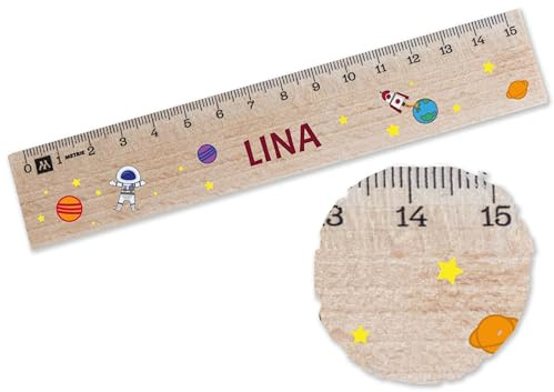 Holz Lineal 15cm - Weltall - Holzlineal mit Astronaut und Planeten | Personalisiert mit Namen | Geschenk für Schulanfänger - 15 cm - Holz - schule kinder schulanfang grundschule personalisiertes