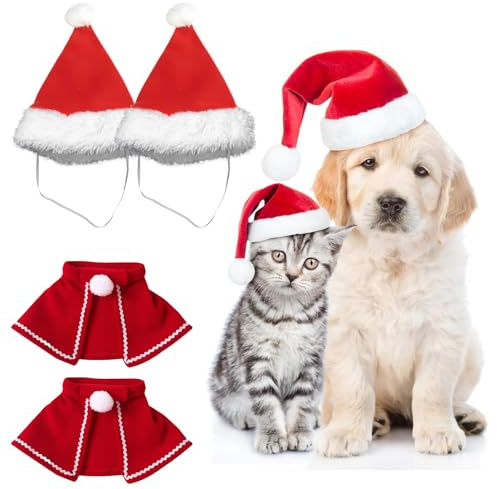 Sporgo Weihnachtskostüm für Katzen Hunde: 2PCS Haustier Kostüm Weihnachtsmütze Verstellbarer Umhang, Katzenbekleidung Hundebekleidung Weihnachten Haustier Kleidung für Christmas Party Geschenk