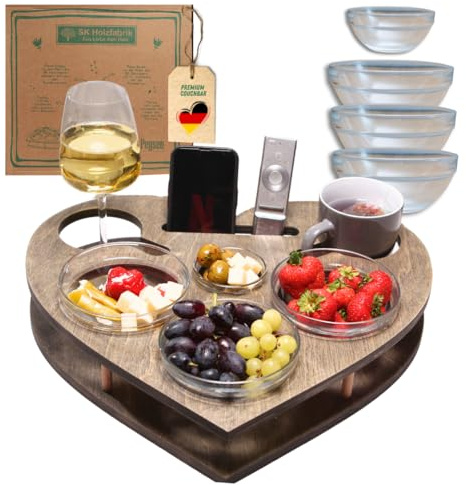 PEGSEN Herz personalisierte Couchbar in Grau - Sofatablett mit 4 Glasschalen - Couch Bar Snackbar personalisiert - Snackbox für die Couch - Sofabar - Couch Butler