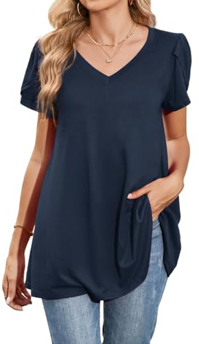 Enmain damblusar kortärmad sommartoppar för kvinnor plus size v-ringad lös passform uppklädd tunika toppar vardaglig swing-t-shirt, marinblå, 3XL