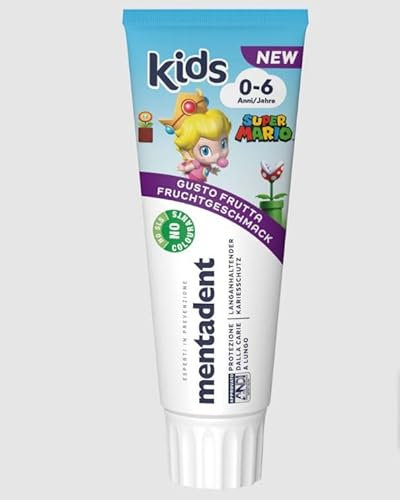 Dentifricio per Bambini 0-6 Anni Gusto Frutta Super Mario Mentadent Kids da 75ml (Principessa)